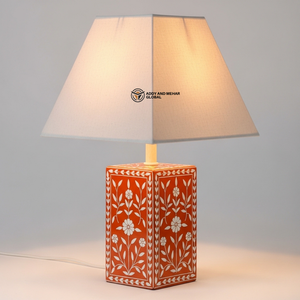 Orange Bone Inlay <b>Bedside</b> Lamp | Elegant Round Base <b>Table</b> Lamp with Neutral Shade - Product Image 1