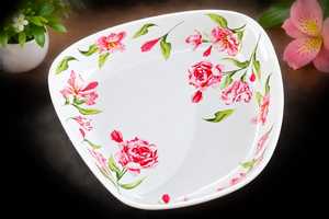 Bols de service en céramique florale avec poignées en bois, compatibles lave-vaisselle, design moderne, vaisselle de fête écologique - Product Image 4