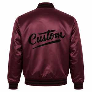 <b>Men's</b> Burgundy Satin Bomber <b>Jacket</b> with Embroidered Custom Logo <b>Pullover</b> Stand Collar Casual Streetwear Winter Wear - Product Image 4