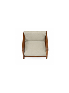 Chaise de salle à manger moderne, fauteuil rembourré, structure en bois massif, tissu beige, design mid-century, chaise de salon - Product Image 2