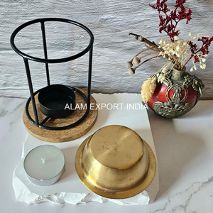 Iron Frame Black Powder Coated Wooden Base Brass <b>Oil</b> Bowl Aroma Diffuser Incense Burner Religious Incense Holder Lowest Price - Product Image 4