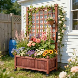 Fioriera in Legno Alta 50 Pollici con Traliccio, Vaso Rialzato da Giardino Autoportante con Fori di Drenaggio e Ruote - Forniture per Giardino - Product Image 6