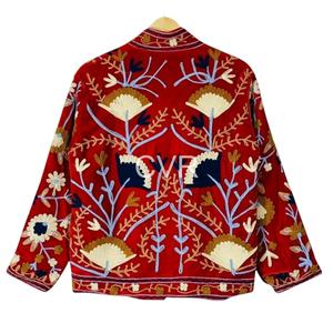 Abrigo de terciopelo bordado de estilo chino con estampado floral rojo, cuello mandarín, manga larga, talla grande, ropa exterior para mujer, ropa de otoño - Product Image 3