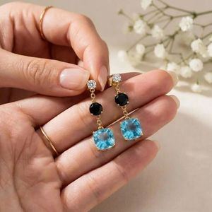 Elegant Sky <b>Blue</b> Topaz & Black Obsidian Drop <b>Earrings</b> Cushion Cut Gemstone Jewelry Minimalist Fine <b>Stud</b> <b>Earrings</b> Gift For Women - Product Image 2