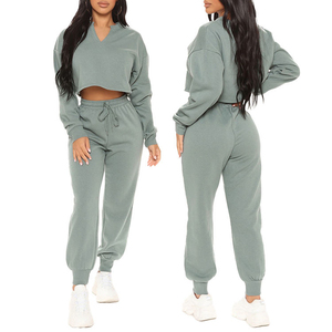 Women Solid Color V-Neck Crop <b>Top</b> Tracksuit With Drawstring Pants Full Sleeve Casual Loose Fit Autumn Wear 100% Cotton - Product Image 4