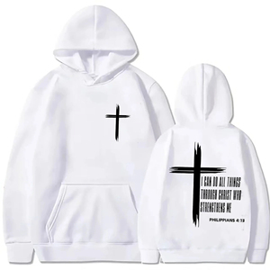 Sweat-shirt à capuche blanc pour homme avec imprimé croix, design Faith Over Fear, sweat-shirt décontracté en coton, coupe classique, vêtements d'automne - Product Image 4