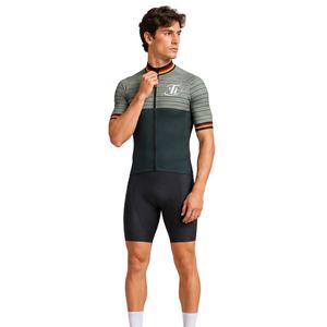 Men's Breathable Custom Olive <b>Green</b> Short Sleeve Cycling Jersey with Striped Detail Full Zip Performance <b>Bike</b> Top - Product Image 2