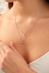 925 Sterling Silver Sun Moon Round Cubic Zirconia Bezel Set Rhodium Plated Pendant Minimalist Women Jewelry Chain <b>Necklace</b> - Product Image 2
