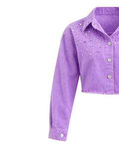 Chaqueta Vaquera Corta Personalizada para Mujer, Color Lavanda, con Adornos de Pedrería, Botones, Manga Larga, Estilo Casual Urbano - Product Image 5