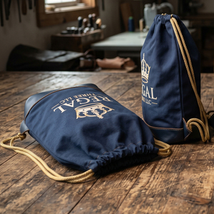 Regal Three Llc Canvas <b>Drawstring</b> <b>Backpack</b> Luxury Navy Blue With Gold Crown Logo Unisex Daily Use Sports Workout <b>Drawstring</b> Bags - Product Image 4