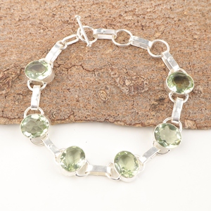 Pulseras de amatista verde natural, plata de ley 925, piedras preciosas, estilo de eslabones, forma ovalada, chapadas en plata con engaste de bisel para mujer - Product Image 4