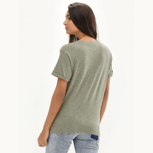 Camiseta de Cuello Redondo para Mujer, 100% Algodón, con Apliques, Ligera, de Manga Corta, Informal, para Verano, Venta al Por Mayor para Exportación - Product Image 6