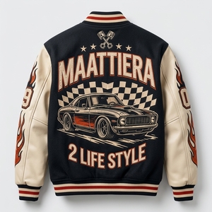 <b>Men</b> Black Letterman <b>Jacket</b> <b>Cream</b> Leather Sleeves Racing Car Graphic Embroidered Design Snap Front Ribbed Streetwear - Product Image 3
