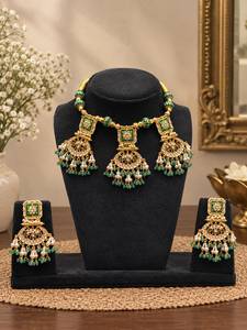 TISHYA DIAMOND Ethnic Gold Plated Ruby Imitation <b>Pearl</b> Necklace Earring <b>Set</b> Green Enamel Flower Design for Women Wedding <b>Jewelry</b> - Product Image 1