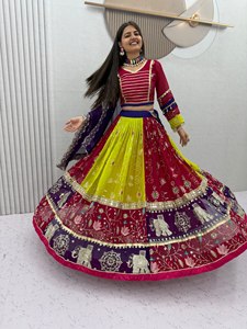Ensemble Lehenga brodé color block longueur ras du sol à séchage rapide, tenue indienne pakistanaise en tissu filet avec blouse et dupatta pour mariage et festival - Product Image 3