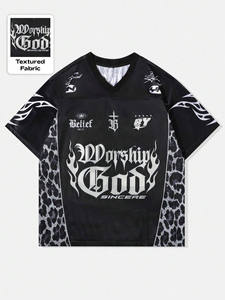 Camiseta Deportiva de Malla Texturizada con Cuello en V para Hombre, con Panel de Leopardo y Estampado Gráfico Gótico, Personalizada, OEM, al por Mayor, Estilo Fútbol Americano - Product Image 5