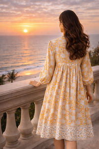 Yellow Floral Hand Block Print Cotton Long Dress for Women Gadder Panel with Neck Dori Side Pockets Handmade Summer Gown Fit - Product Image 4