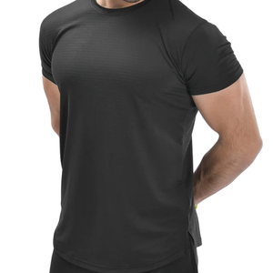 T-shirt de sport pour homme personnalisé noir à séchage rapide, coupe semi-ajustée, en maille extensible polyester élasthanne, pour entraînement en salle de sport, OEM - Product Image 3