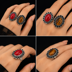 Wholesale Oxidized Silver Tiger Eye Red Coral Gemstone Bezel Setting <b>Ring</b> Women | Vintage Handmade Bohemian <b>Statement</b> Jewelry - Product Image 3