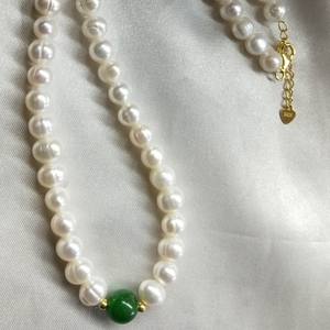 Green <b>Jade</b> Combination <b>Necklace</b> and Bracelet 6-7mm Near Round Flawed Freshwater Pearl Jewelry Gift - Product Image 1