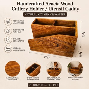 Portacubiertos de madera de primera calidad, hecho a mano, organizador de utensilios de cocina para mesa de comedor, restaurante y hogar, disponible para la venta. - Product Image 6