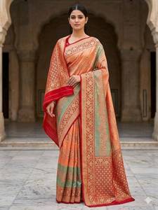 <b>Red</b> Banarasi Silk Saree For Women Luxury Zari Weaving Designer Wedding Party Wear Traditional Indian Ethnic Saree With <b>Blouse</b> - Product Image 3
