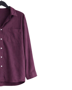 Ensemble deux pièces en lin bordeaux pour femme, chemise à manches longues boutonnée et pantalon large à taille élastique, tenue décontractée - Product Image 2