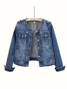 <b>Cropped</b> <b>Denim</b> <b>Jacket</b> Women Light Wash Button Front Long Sleeve Solid Color Casual Autumn Style Regular Fit Stonewashed Cotton - Product Image 1