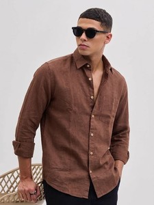 Camisa Casual de Lino y Algodón Marrón para Hombre, Doble Botonadura, Manga Larga, Cuello Clásico, Color Sólido, Transpirable, para Verano, ODM - Product Image 1