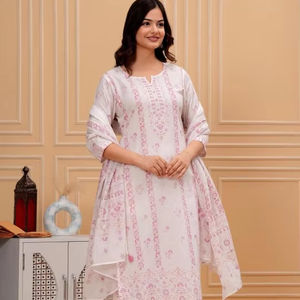 Kurta de algodón puro floral para mujer con Palazzos & With Dupatta traje indio pakistaní salwaar kameez - Product Image 1