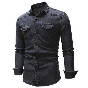 Chemise polo en denim à manches longues pour homme, décontractée, respirante, col montant, design simple - Product Image 3