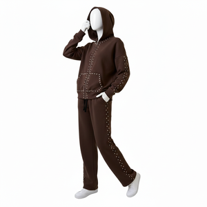 Ensemble de survêtement unisexe d'hiver respirant marron à capuche, couleur unie avec détails en strass, fermeture éclair intégrale, style streetwear décontracté - Product Image 4