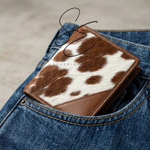 Portefeuille classique pour homme en cuir véritable marron, en cuir de vachette à poils, porte-cartes fin, logo personnalisé, portefeuille minimaliste de style cowboy - Product Image 3