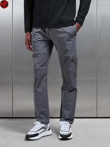Gray Solid Mid Waist Outdoor <b>Cargo</b> Trousers Men Straight Leg Utility Workwear Travel Drawstring Closure Windbreaker <b>Pant</b> - Product Image 1