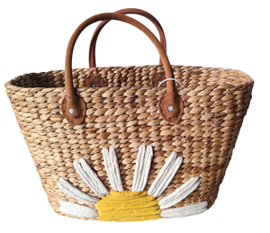 Sac à main en jacinthe d'eau et jonc de mer du Vietnam, doublure en toile, décorations florales en perles, forme tonneau, mode estivale - Product Image 1