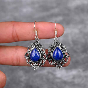 Pendientes de Plata de Ley 925 naturales hechos a mano, pendientes de plata con forma de marquesa de lapislázuli, pendientes hechos a mano, regalo para persona - Product Image 3