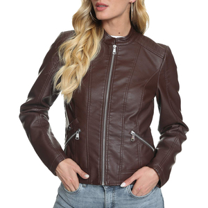 Blouson moto en similicuir marron pour femme, manches longues, fermeture éclair, col montant, vêtement d'extérieur décontracté, coupe courte - Product Image 3
