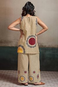 Women's Bohemian <b>Linen</b> 2 <b>Piece</b> Set Sleeveless Top With Embroidery And Dot Pattern Loose Fit Ankle Length Pants Summer Wear - Product Image 3