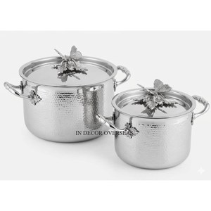 Set Of 2 Excellent Quality Stainless Steel Hammered Texture Butterflies Top Handles Luxury Casseroles Kitchenware Decor Supplies - Product Image 1