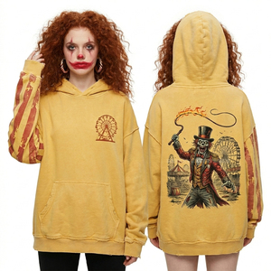 Sudadera con capucha amarilla mostaza vintage para mujer, con gráfico de esqueleto de maestro de ceremonias de circo, manga a rayas, estilo streetwear desgastado, top de carnaval - Product Image 1