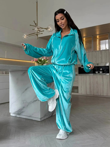Women's <b>Velvet</b> <b>Tracksuit</b> Set Turquoise Full Sleeve Zip-Up Top Wide Leg Pants Loose Fit All Seasons Solid Color Casual Sportswear - Product Image 5