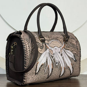 Vintage Fashionable <b>Tooled</b> Cow <b>Leather</b> Large Capacity Duffel Bags Western Style Crossbody Overnight Travel Weekender Handbags - Product Image 4