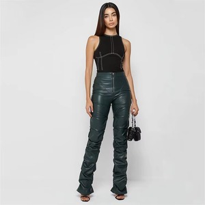 European American Fashionable PU Leather Women's Clothing Low Waist Flare Pants Unique Pleated Fringed Design Zipper Fly Closure - Product Image 1