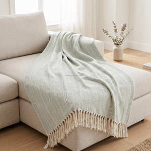 <b>Soft</b> Mint Recycled Cotton Throw Blanket with Fine Woven Texture and Fringe for Sofa Chair Bedroom and Relaxed Coastal Décor - Product Image 1