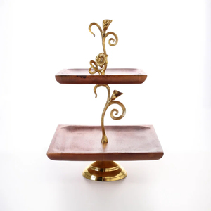 Luxurious <b>3</b>-<b>Tier</b> Wooden <b>Cake</b> <b>Stand</b> With Gold Branch Accent Elegant Walnut Finish Dessert Display For Weddings & Home Decoration - Product Image 2