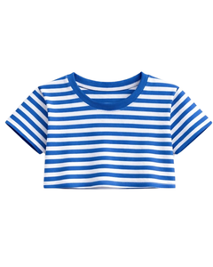 Ensemble crop top et short rayé bleu et blanc personnalisé pour femme – Tenue décontractée d'été deux pièces avec taille élastique – Vêtements de détente et streetwear OEM - Product Image 2