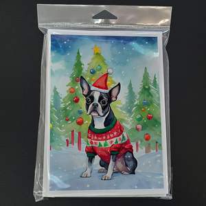 Whimsical Boston Terrier Tarjetas de felicitación de Navidad Paquete de 8 A7 Tamaño 5x7 Tarjetas de notas en blanco con sobres - Product Image 3