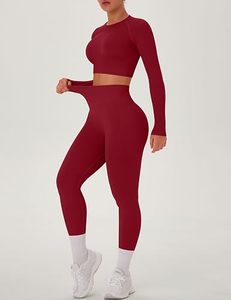 Seamless Yoga Set <b>Women</b> High Waist <b>Leggings</b> Crop Top Full Sleeve Sport Wear Two Piece Gym Outfit Stretchable Activewear - Product Image 3