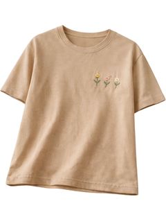 Camiseta de Mujer Color Beige Arena Personalizada con Bordado Floral Minimalista, Cuello Redondo, Algodón Suave, Manga Corta, Informal, Ligera, para Verano - Product Image 1