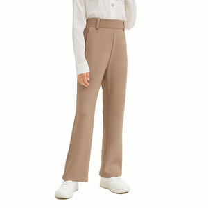 Pantalones de Vestir para Niñas, Color Caqui, Pierna Ancha, Uniformes Escolares, Tejido Elástico, Cintura Alta, Estilo Campana - Product Image 4